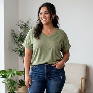 Relaxed V-Neck Pocket Tee in Heathered Olive Green Colorway Everyday Casual